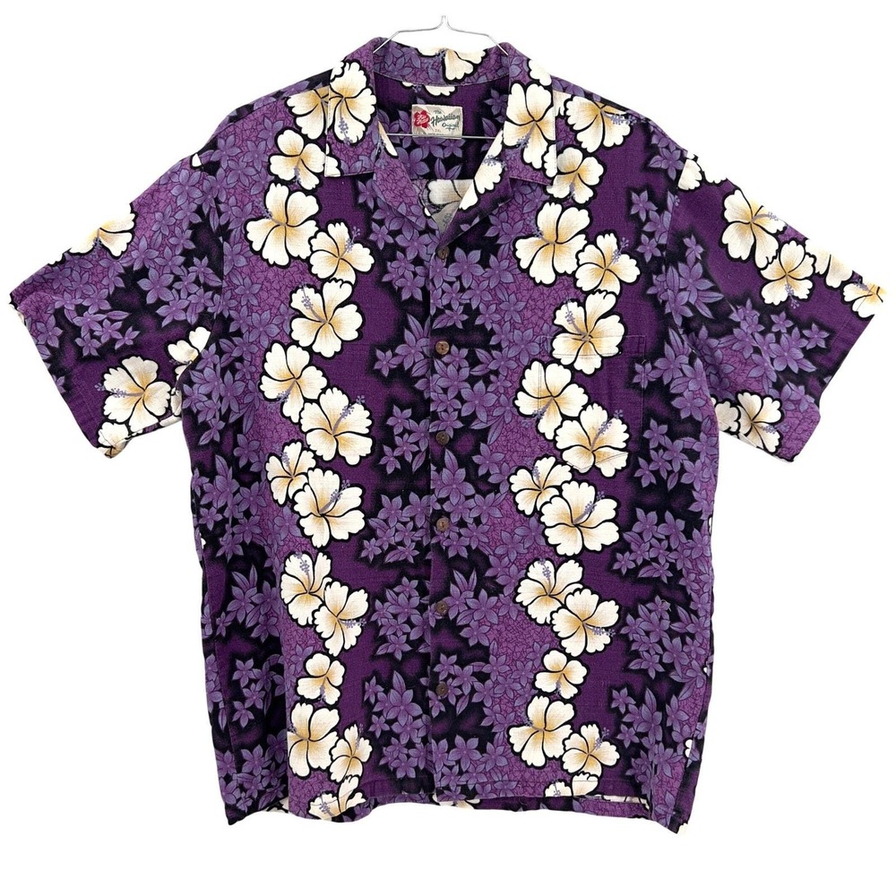 Vintage Hilo Hattie Mens Purple Hibiscus Hawaiian Shirt‎ Cotton Bark Cloth 2XL